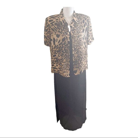 Vintage Danny & Nicole Black Two Piece Maxi Dress with Animal Print Jacket SZ 6 - Picture 1 of 16